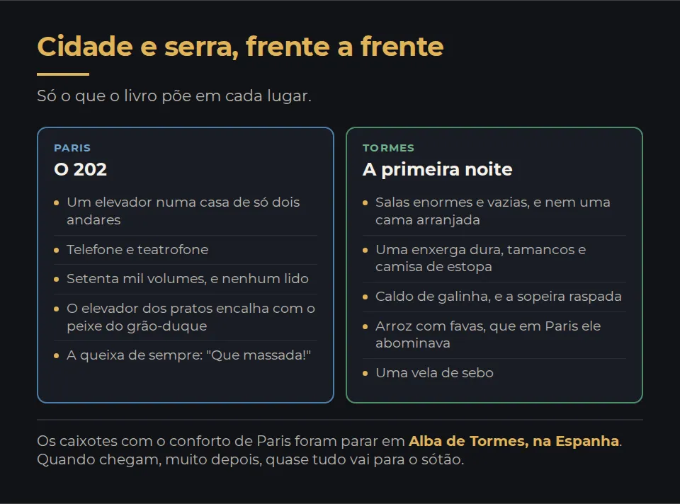 Cidade e serra, frente a frente, só com o que o livro descreve. Em Paris, no 202: um elevador numa casa de dois andares, telefone e teatrofone, uma biblioteca de setenta mil volumes, o elevador dos pratos que encalha com o peixe do grão-duque, e a queixa repetida, que maçada. Em Tormes, na primeira noite: salas vazias e sem cama arranjada, uma enxerga dura, tamancos e uma camisa de estopa emprestada, caldo de galinha, arroz com favas e uma vela de sebo.