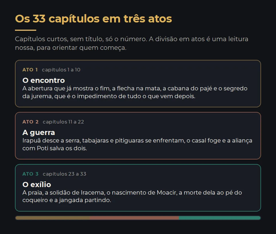 Os 33 capítulos divididos em três atos. Ato um, capítulos 1 a 10: a abertura que já mostra o fim, o encontro na mata, a flecha, a cabana do pajé e o segredo da jurema. Ato dois, capítulos 11 a 22: a chegada de Irapuã, a guerra entre tabajaras e pitiguaras, a fuga e a aliança com Poti. Ato três, capítulos 23 a 33: o exílio na praia, a solidão de Iracema, o nascimento de Moacir, a morte dela e a partida da jangada.