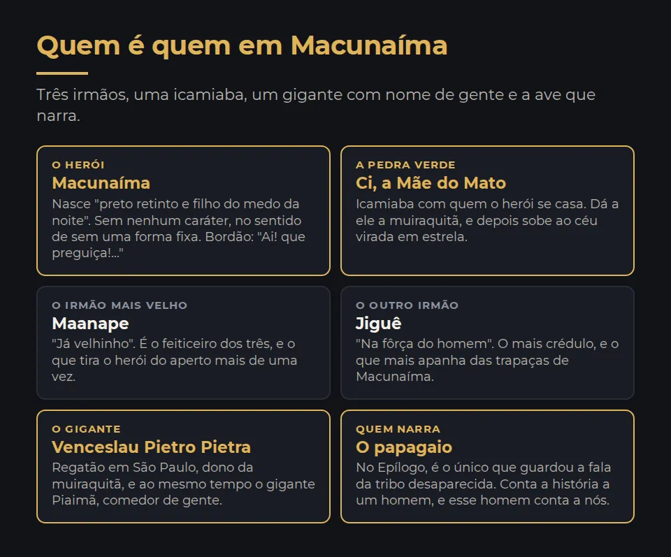 Quem é quem em Macunaíma. Macunaíma, o herói sem nenhum caráter, nascido preto retinto no fundo do mato-virgem. Maanape, o irmão mais velho, feiticeiro. Jiguê, o outro irmão, na força do homem. Ci, a Mãe do Mato, icamiaba, que dá a muiraquitã ao herói e depois vira estrela. Venceslau Pietro Pietra, o regatão de São Paulo que é também o gigante Piaimã, comedor de gente. E o papagaio, que no Epílogo é quem guarda a fala da tribo desaparecida e conta a história.