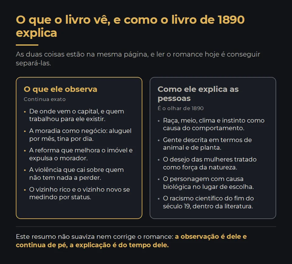 Duas colunas. À esquerda, o que o romance observa com precisão: a origem do capital, a moradia como negócio, o aluguel por dia, a melhoria que expulsa o morador e a violência contra quem não tem nada. À direita, como o livro de 1890 explica as pessoas: por raça, meio, clima e instinto, descrevendo gente em termos de animal e de planta e tratando o desejo das mulheres como força da natureza. No rodapé, a frase que separa as duas: a observação é do livro e continua exata, a explicação é do tempo dele.