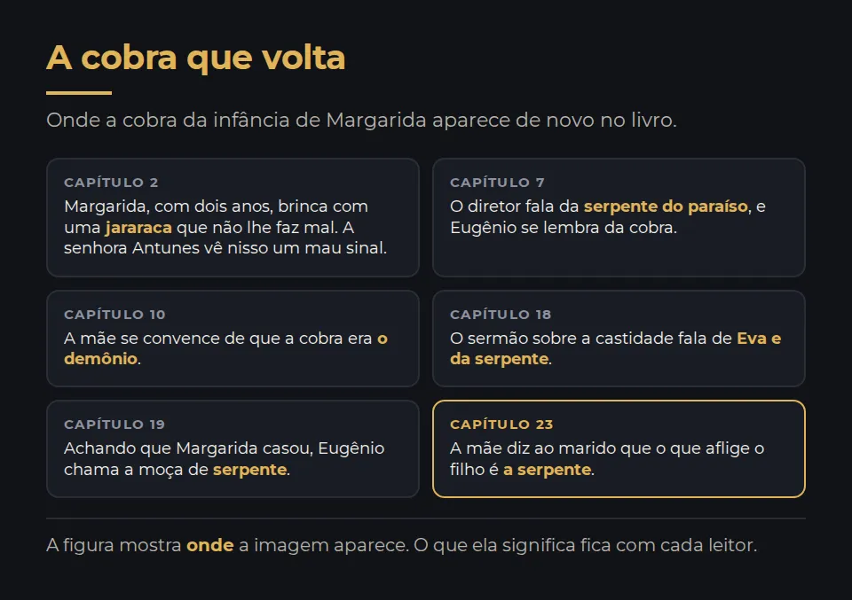 A cobra que volta, capítulo por capítulo. Capítulo 2: Margarida, com dois anos, brinca com uma jararaca que não lhe faz mal; a senhora Antunes vê nisso um mau sinal. Capítulo 7: o diretor fala da serpente do paraíso, e Eugênio se lembra da cobra. Capítulo 10: a mãe se convence de que a cobra era o demônio. Capítulo 18: o sermão sobre a castidade fala de Eva e da serpente. Capítulo 19: Eugênio, achando que Margarida casou, chama a moça de serpente. Capítulo 23: a mãe diz ao marido que o que aflige o filho é a serpente. A figura mostra onde a imagem aparece e não diz o que ela significa.