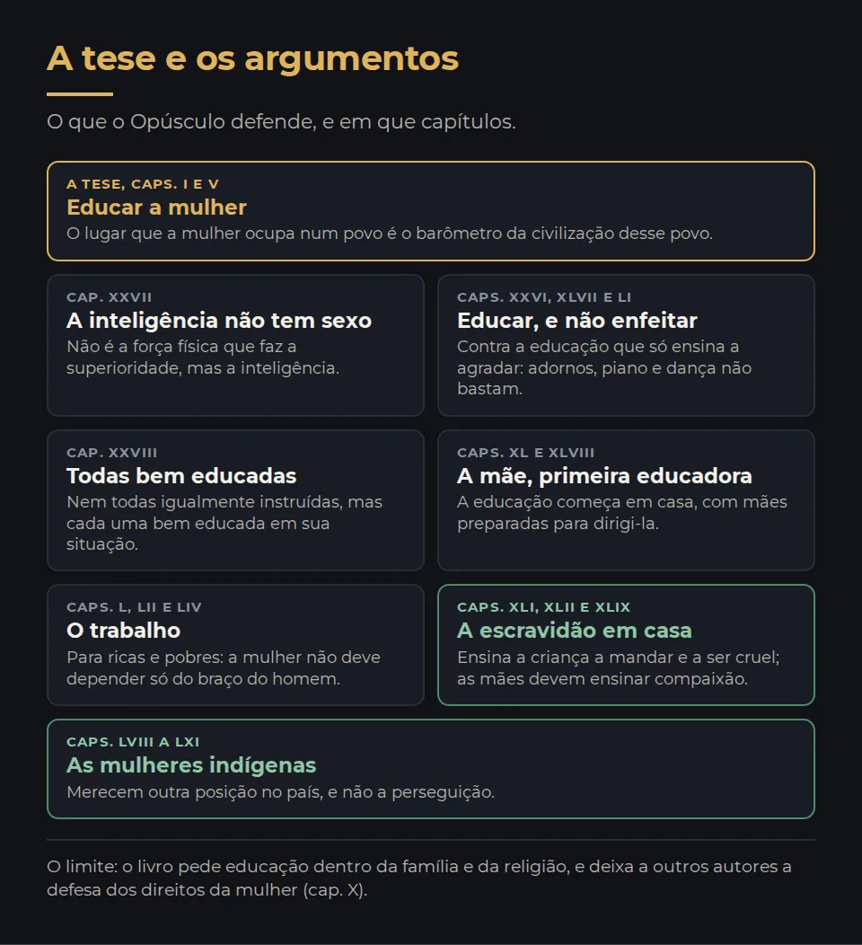 A tese e os argumentos. O que o Opúsculo defende, e em que capítulos. A tese, caps. I e V, Educar a mulher: O lugar que a mulher ocupa num povo é o barômetro da civilização desse povo. Cap. XXVII, A inteligência não tem sexo: Não é a força física que faz a superioridade, mas a inteligência. Caps. XXVI, XLVII e LI, Educar, e não enfeitar: Contra a educação que só ensina a agradar: adornos, piano e dança não bastam. Cap. XXVIII, Todas bem educadas: Nem todas igualmente instruídas, mas cada uma bem educada em sua situação. Caps. XL e XLVIII, A mãe, primeira educadora: A educação começa em casa, com mães preparadas para dirigi-la. Caps. L, LII e LIV, O trabalho: Para ricas e pobres: a mulher não deve depender só do braço do homem. Caps. XLI, XLII e XLIX, A escravidão em casa: Ensina a criança a mandar e a ser cruel; as mães devem ensinar compaixão. Caps. LVIII a LXI, As mulheres indígenas: Merecem outra posição no país, e não a perseguição. O limite: o livro pede educação dentro da família e da religião, e deixa a outros autores a defesa dos direitos da mulher (cap. X).