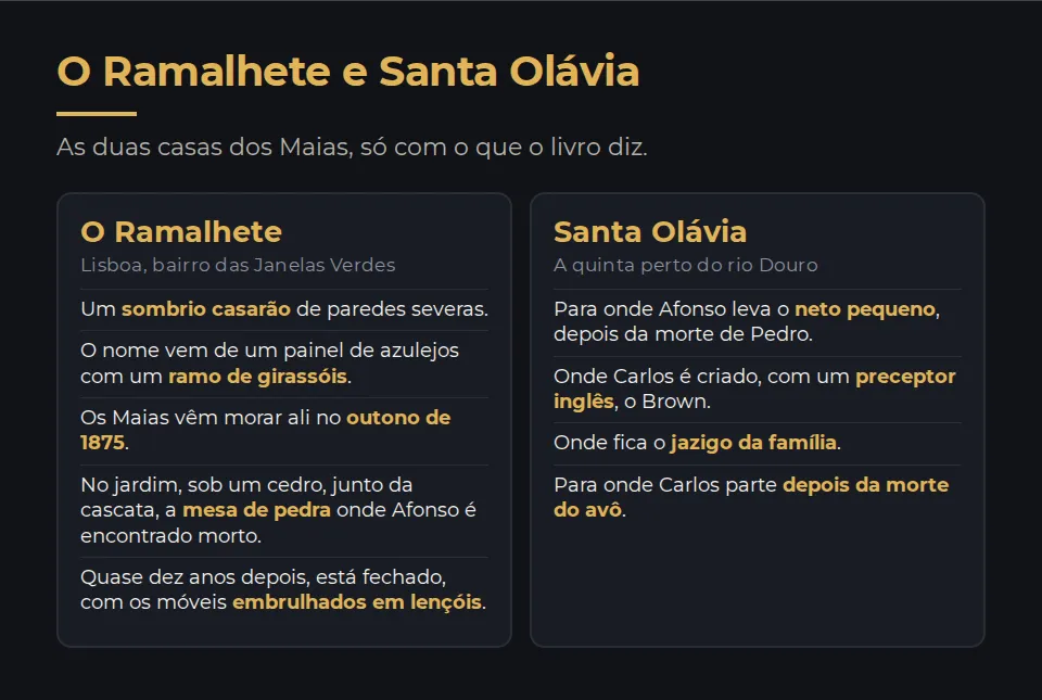 As duas casas dos Maias, só com o que o livro diz. O Ramalhete, em Lisboa, no bairro das Janelas Verdes: um sombrio casarão de paredes severas, que tira o nome de um painel de azulejos com um ramo de girassóis; os Maias vêm morar ali no outono de 1875; no jardim, sob um cedro, junto da cascata, a mesa de pedra onde Afonso é encontrado morto; no fim, quase dez anos depois, a casa está fechada e os móveis cobertos com lençóis. Santa Olávia, a quinta perto do rio Douro: para onde Afonso leva o neto pequeno depois da morte de Pedro, onde Carlos é criado com um preceptor inglês, onde fica o jazigo da família, e para onde Carlos parte depois da morte do avô.