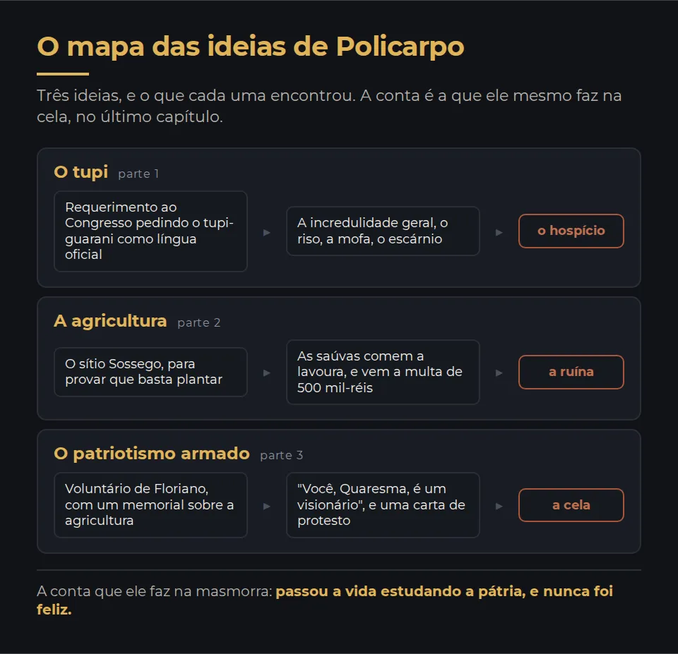 As três ideias de Policarpo e o que cada uma encontrou. O tupi-guarani como língua oficial encontrou a incredulidade geral, o riso e o escárnio, e levou-o à loucura: uma decepção. A agricultura no sítio Sossego encontrou as formigas saúvas e uma multa de quinhentos mil-réis por não pagar imposto: outra decepção. O patriotismo armado ao lado de Floriano encontrou o desleixo do palácio, a frase sobre ser um visionário e uma cela sem acusação: outra decepção. No rodapé, a conta que ele mesmo faz na masmorra: passou a vida estudando a pátria e nunca foi feliz.