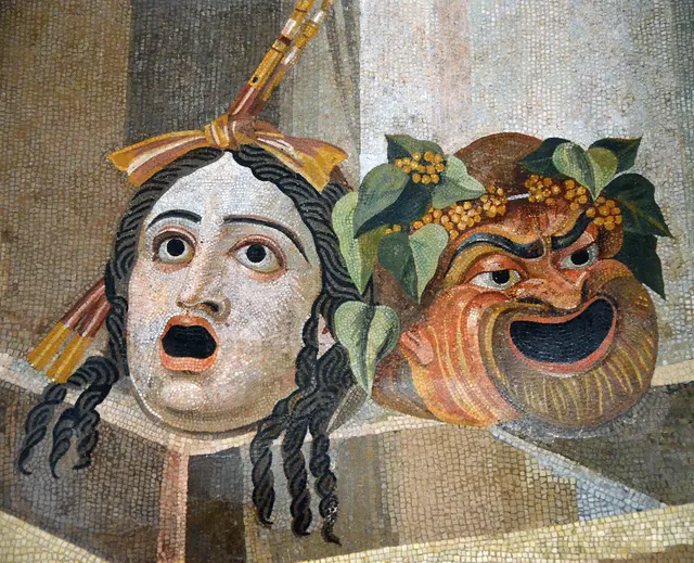 Mosaico com as máscaras da tragédia e da comédia, mosaico romano do século II, foto de Carole Raddato